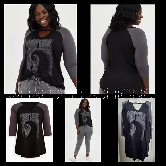 TORRID NMBC Jack Skellington & Sally Patches Choker Neck Raglan Top! NWT! - Picture 2 of 7